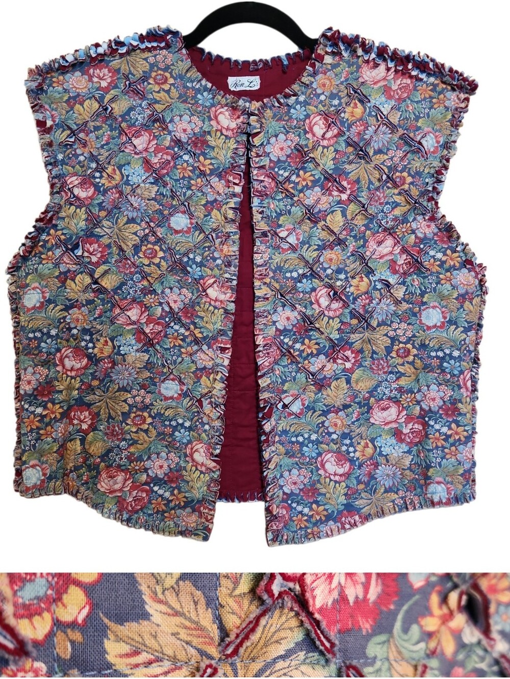 VINTAGE RON LI's FLORAL SLASH QUILTED COTTON VEST WEARABLE ART MEDIUM/LARGE